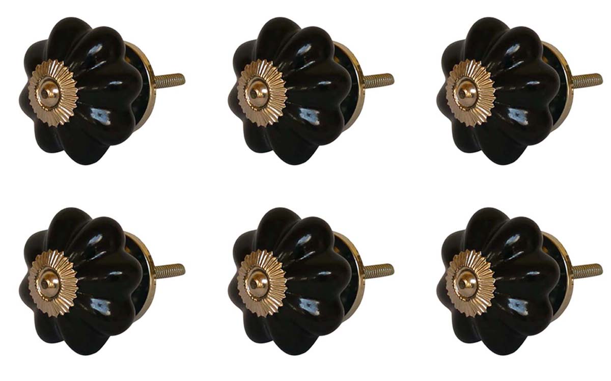 Bulk Wholesale Classic Black Melon-Shaped Cupboard Knobs Set of 6 – Gold-Tone Metal Detailing – Cabinets & Cupboard Hardware / Dresser Accessories