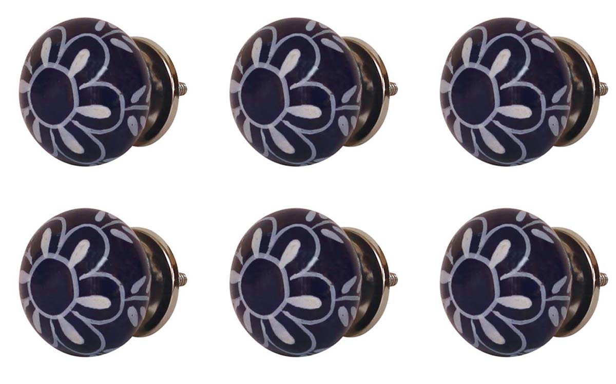 Bulk Wholesale Floral Motif Cupboard Knobs Set of 6 – Cobalt Blue & White Round Knob – Cabinets & Cupboard Hardware / Dresser Accessories