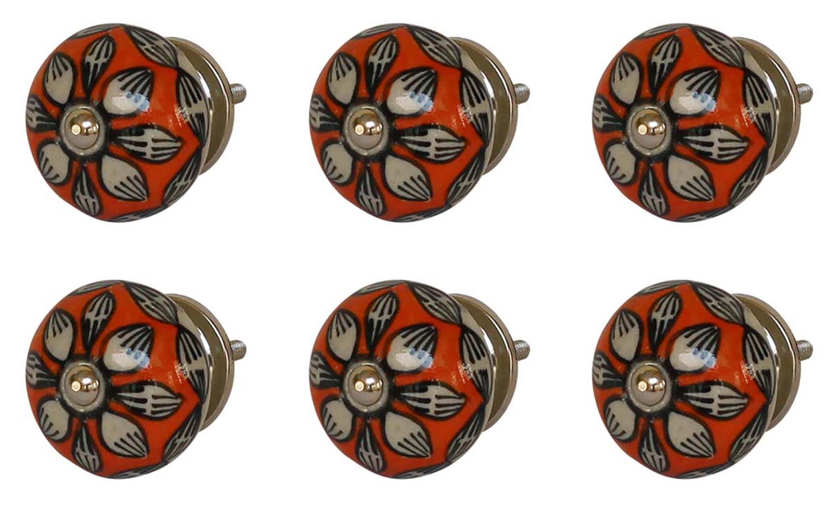 Bulk Wholesale Set of 6 Round Floral Motif Cupboard Knobs – Glazed & Colorful – Cabinets & Cupboard Hardware / Dresser Accessories