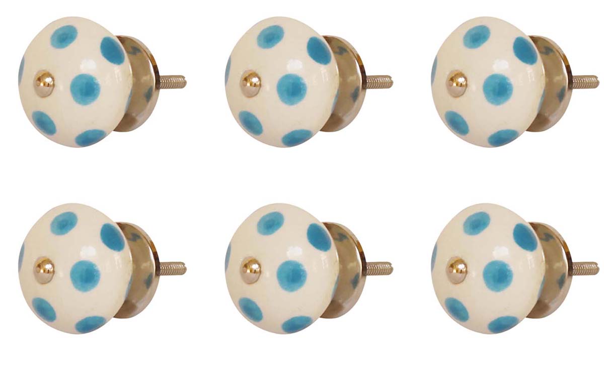 Bulk Wholesale Round Ceramic Cupboard Knobs Set of 6 - Blue Polka-Dots on White – Cabinets & Cupboard Hardware / Dresser Accessories