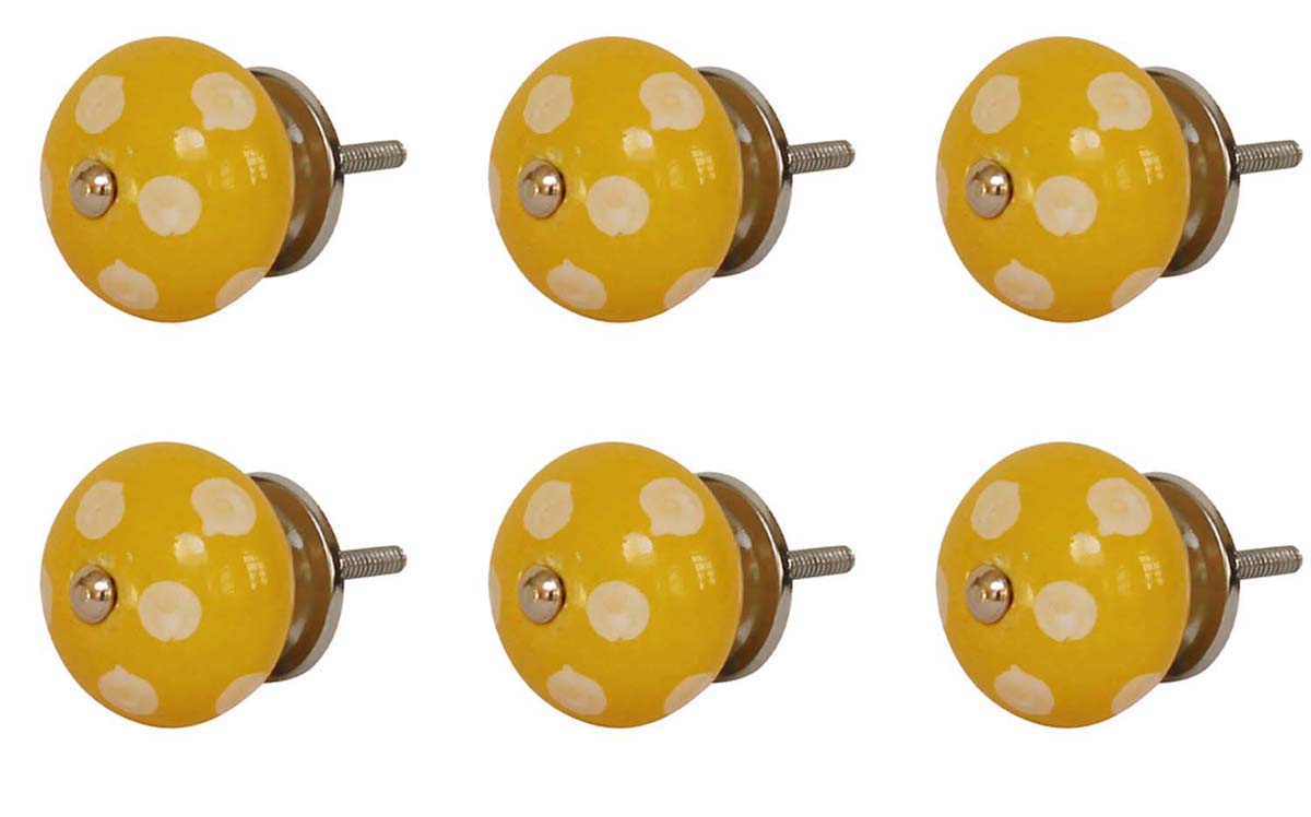 Bulk Wholesale Set of 6 Round Ceramic Cupboard Knobs – White Polka-Dots on Mustard Yellow – Cabinets & Cupboard Hardware / Dresser Accessories