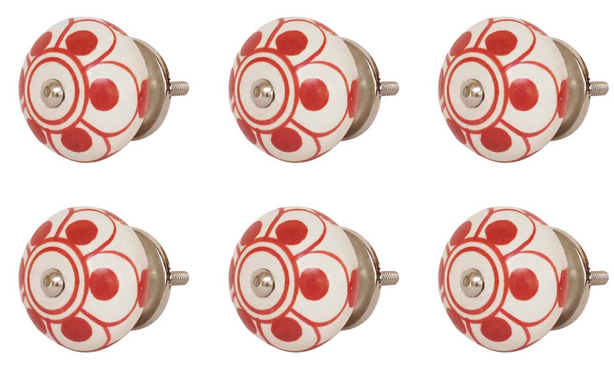 Bulk Wholesale Floral Motif Cupboard Knobs Set of 6 – White & Red Round Knobs – Cabinets & Cupboard Hardware / Dresser Accessories