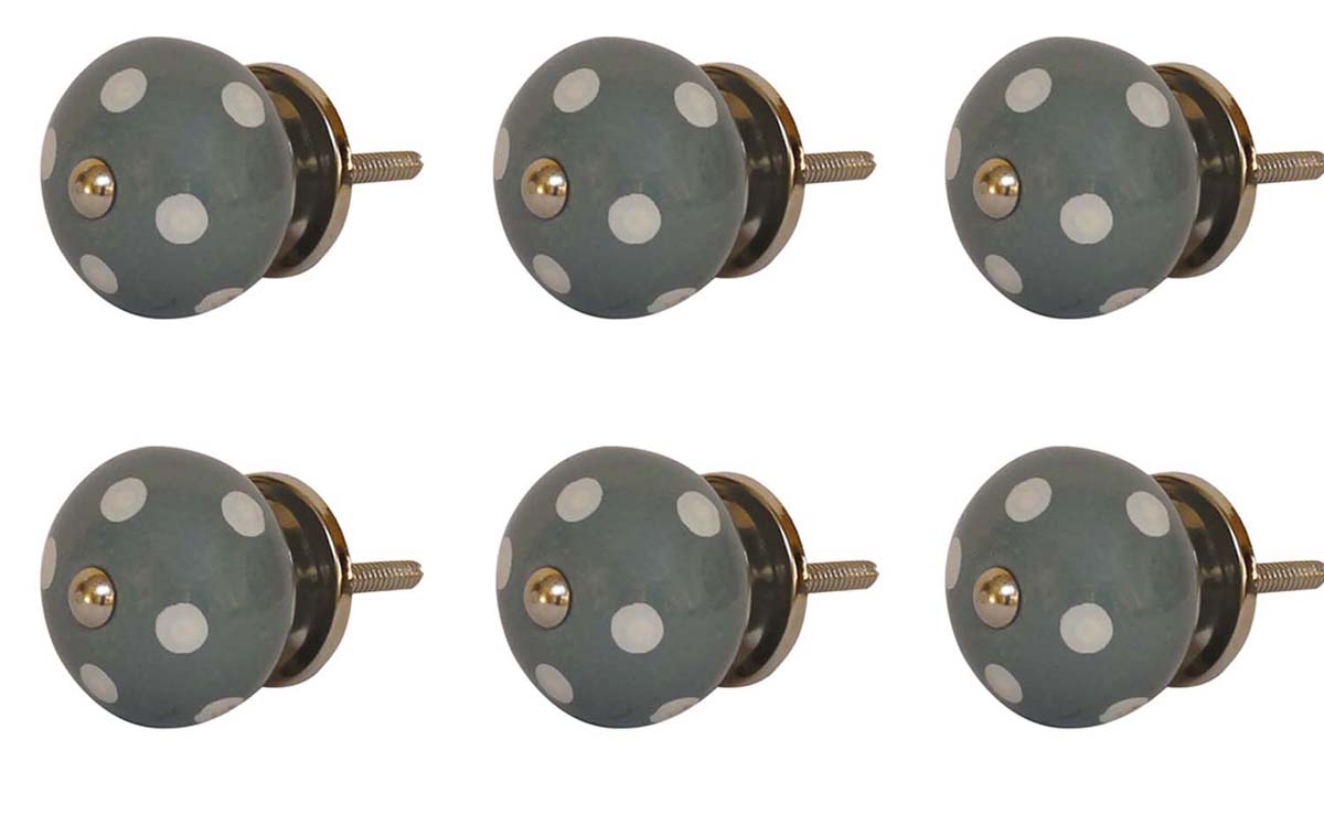 Bulk Wholesale Round Ceramic Cupboard Knobs Set of 6 –  White Polka Dots on Grey – Cabinets & Cupboard Hardware / Dresser Accessories