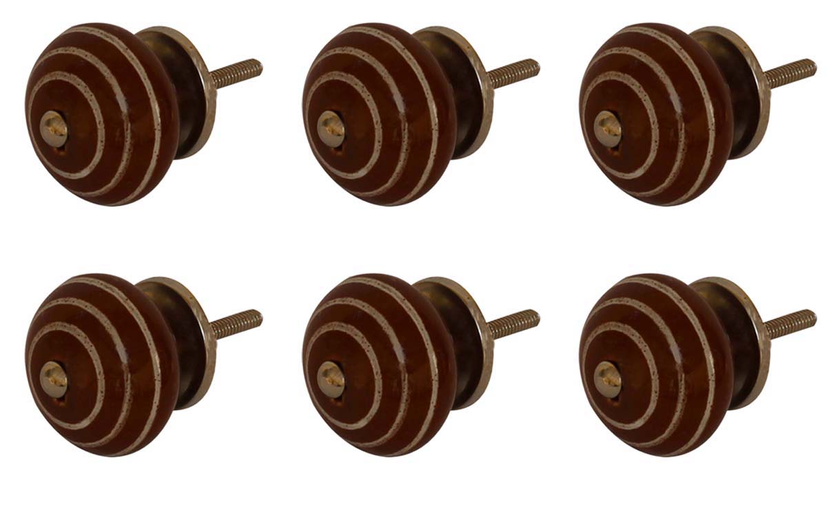 Bulk Wholesale Round Ceramic Cupboard Knobs Set of 6 – Coffee Brown & White Stripes – Cabinets & Cupboard Hardware / Dresser Accessories