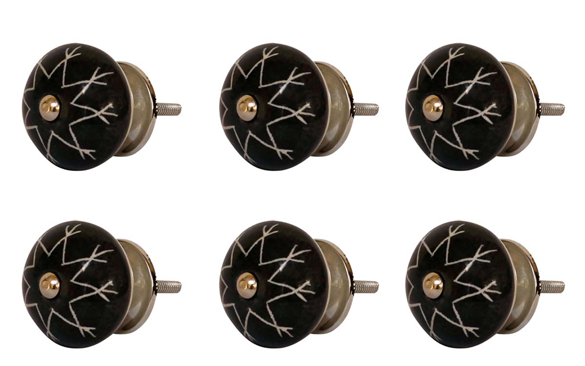 Bulk Wholesale Round Floral Motif Cupboard Knobs Set of 6 – Glazed Black & White – Cabinets & Cupboard Hardware / Dresser Accessories