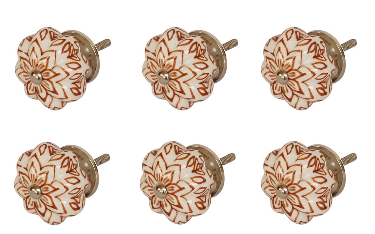 Bulk Wholesale White & Brown Floral Motif Melon Shaped Cupboard Knobs Set of 6 – Glazed – Cabinets & Cupboard Hardware / Dresser Accessories