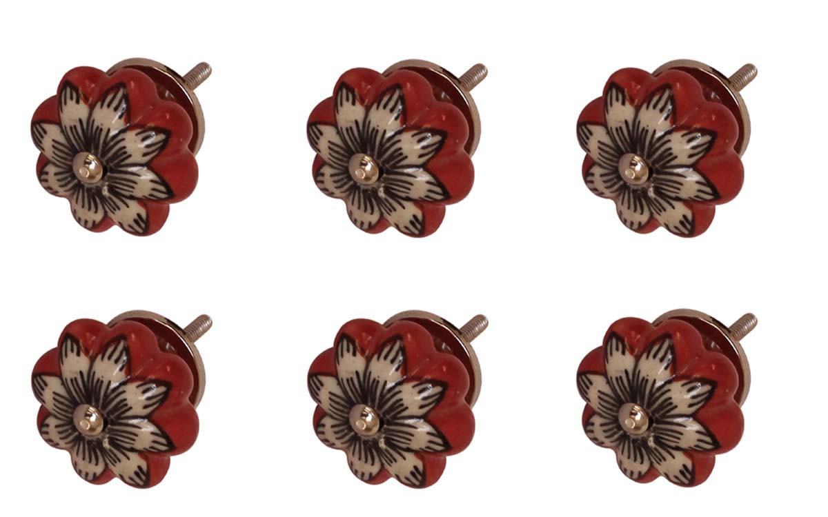 Bulk Wholesale Set of 6 Floral Motif Cupboard Knobs – Red Black & White Melon-Shaped Knobs – Cabinets & Cupboard Hardware / Dresser Accessories