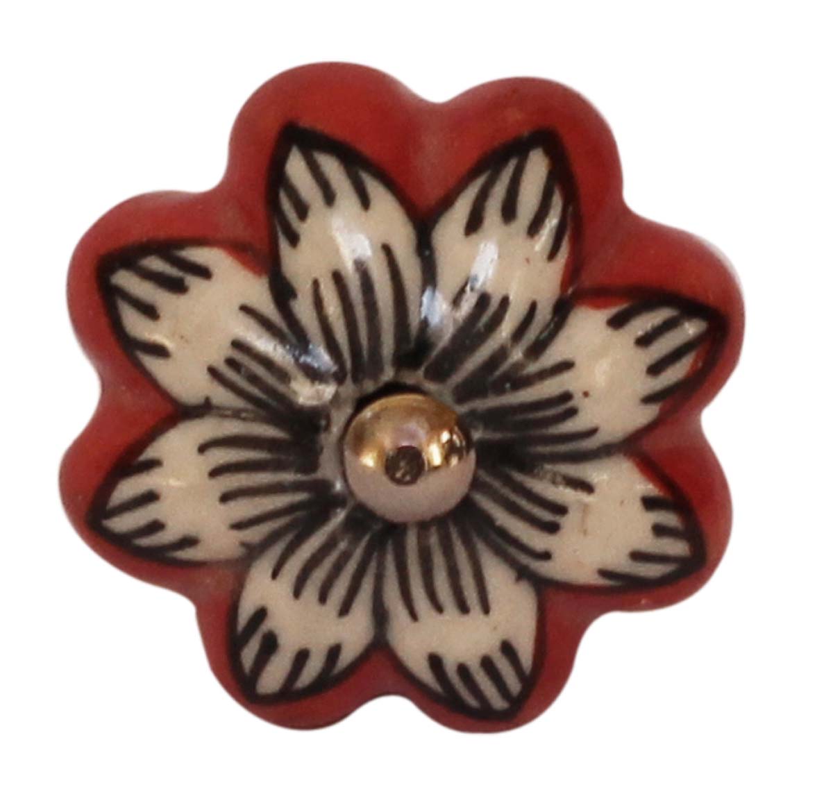 Bulk Wholesale Set of 6 Floral Motif Cupboard Knobs – Red Black & White Melon-Shaped Knobs – Cabinets & Cupboard Hardware / Dresser Accessories