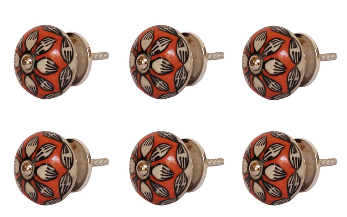 Bulk Wholesale Set of 6 Floral Motif Cupboard Knobs –  Red Black & White Round Knobs – Cabinets & Cupboard Hardware / Dresser Accessories