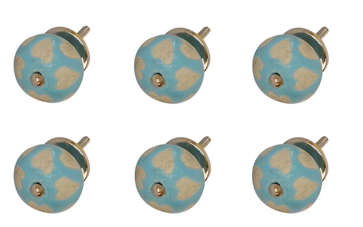 Bulk Wholesale Loving Hearts Set of 6 Round Cupboard Knobs – Blue & White – Cabinets & Cupboard Hardware / Dresser Accessories