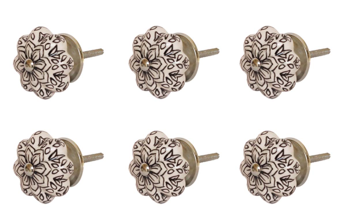 Bulk Wholesale Black & White Floral Motif Melon Shaped Cupboard Knobs Set of 6 – Glazed – Cabinets & Cupboard Hardware / Dresser Accessories