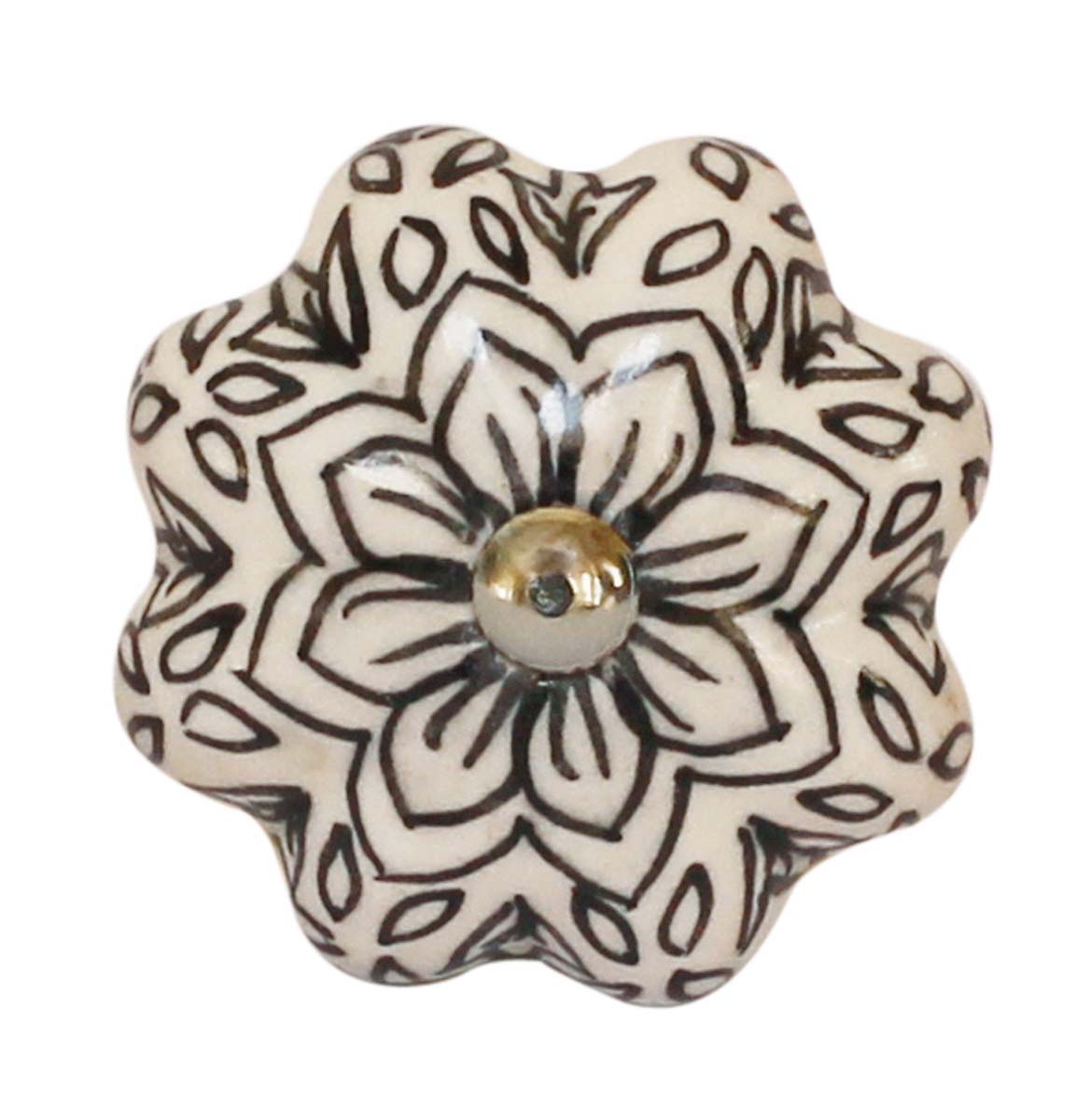 Bulk Wholesale Black & White Floral Motif Melon Shaped Cupboard Knobs Set of 6 – Glazed – Cabinets & Cupboard Hardware / Dresser Accessories