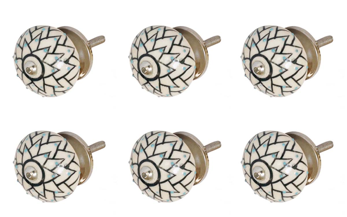 Bulk Wholesale Set of 6 Round Floral Motif Cupboard Knobs –  Black & White with Blue Dots – Cabinets & Cupboard Hardware / Dresser Accessories