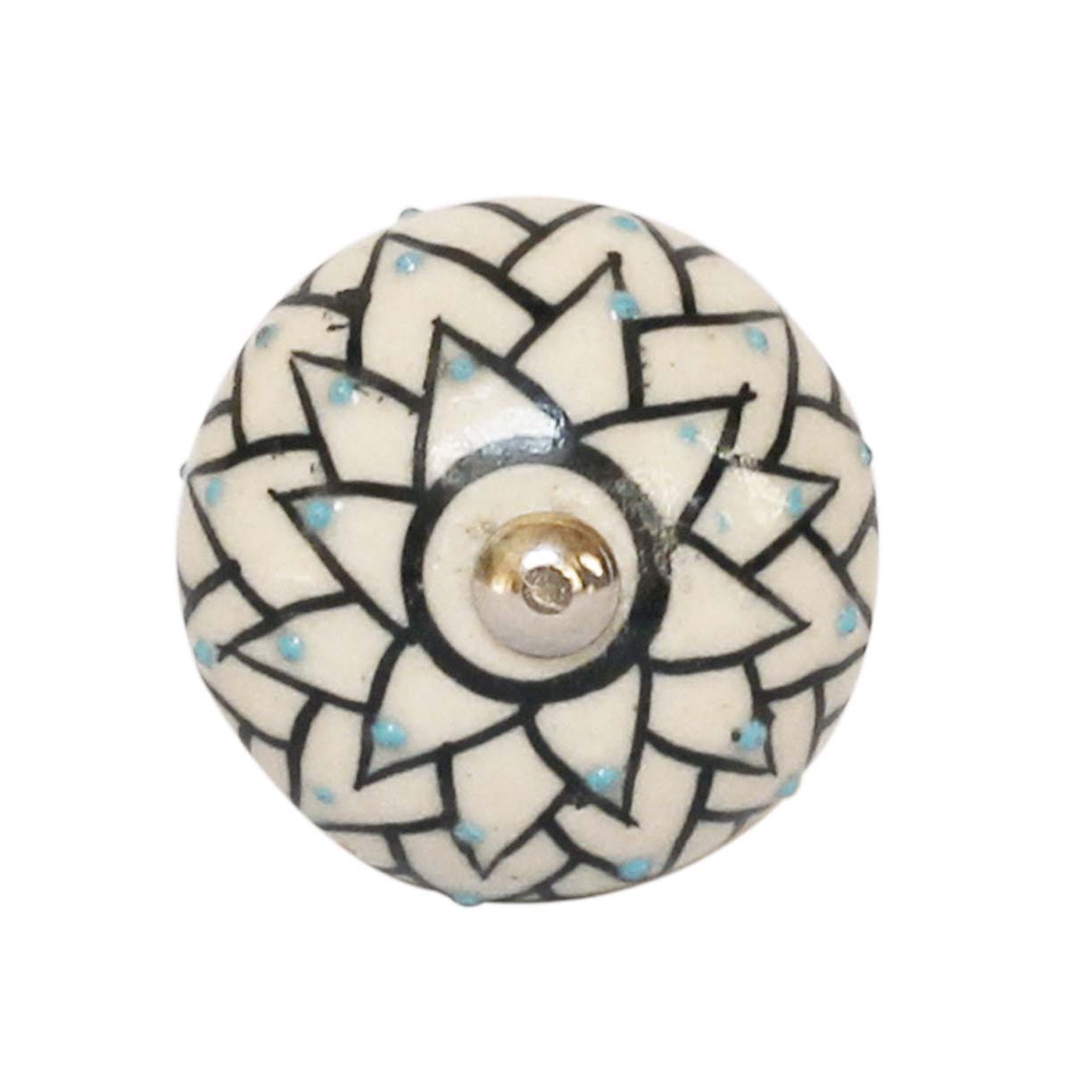 Bulk Wholesale Set of 6 Round Floral Motif Cupboard Knobs –  Black & White with Blue Dots – Cabinets & Cupboard Hardware / Dresser Accessories