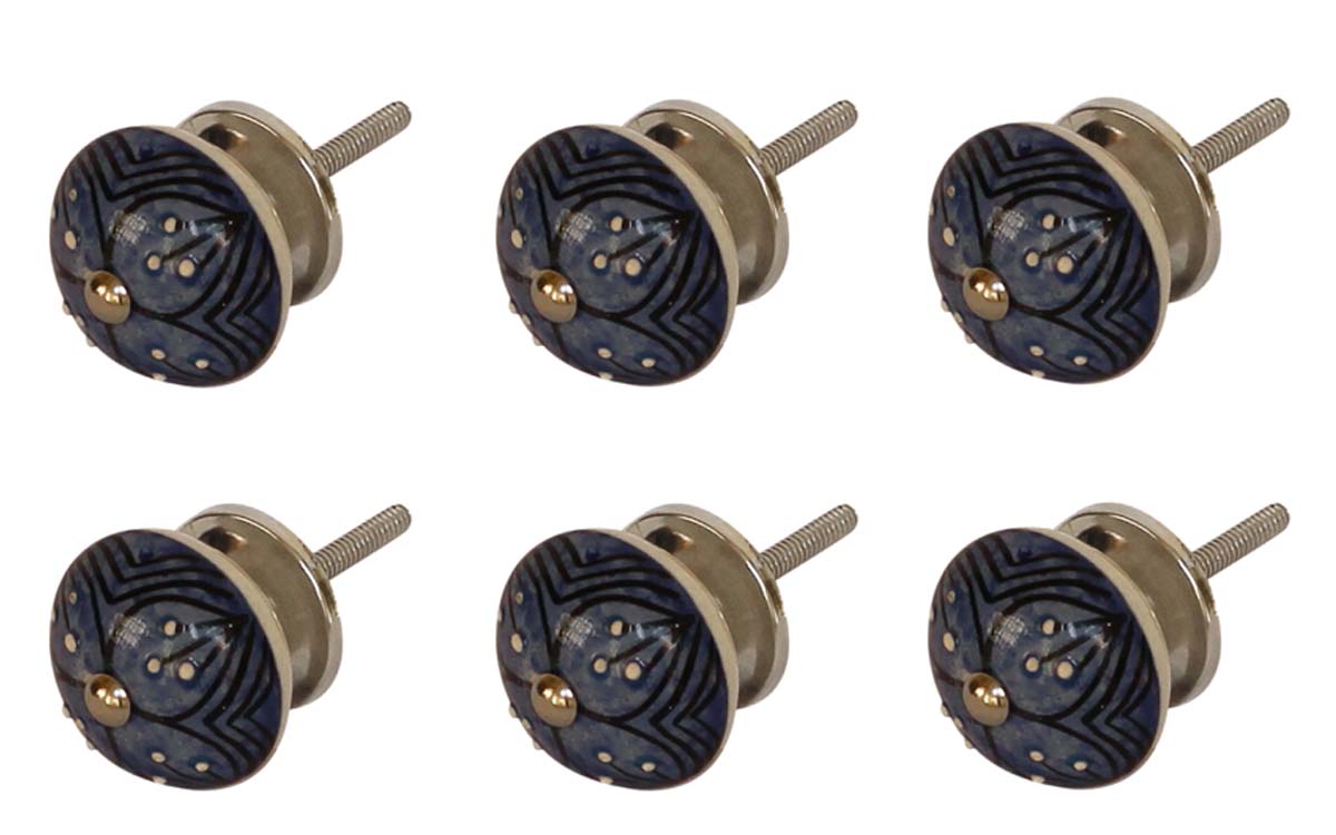 Bulk Wholesale Set of 6 Round Ceramic Cupboard Knobs – Blue & Black Floral Motif – White Dots – Cabinets & Cupboard Hardware / Dresser Accessories