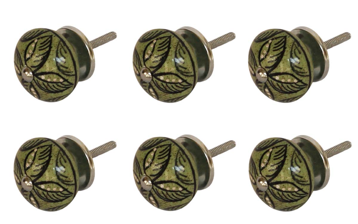 Bulk Wholesale Round Distressed Ceramic Cupboard Knobs Set of 6 - Green & Black Floral Motif – White Dots – Cabinets & Cupboard Hardware / Dresser Accessories