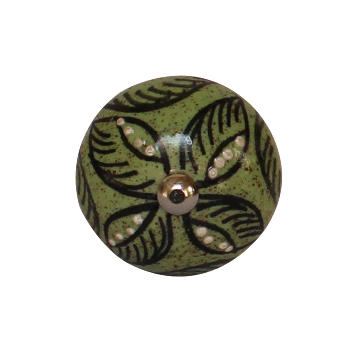 Bulk Wholesale Round Distressed Ceramic Cupboard Knobs Set of 6 - Green & Black Floral Motif – White Dots – Cabinets & Cupboard Hardware / Dresser Accessories
