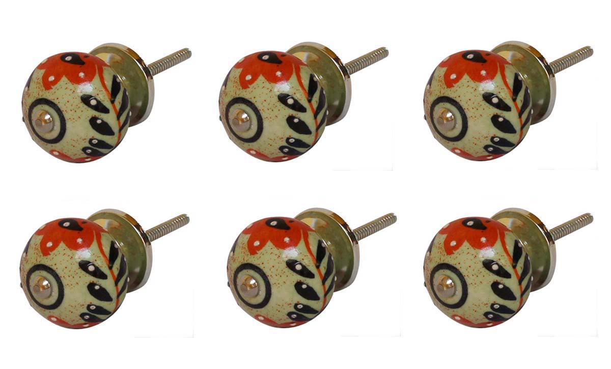 Bulk Wholesale Round Ceramic Cupboard Knobs Set of 6 –  Green Red & Black Floral Motif – White Dots – Cabinets & Cupboard Hardware / Dresser Accessories