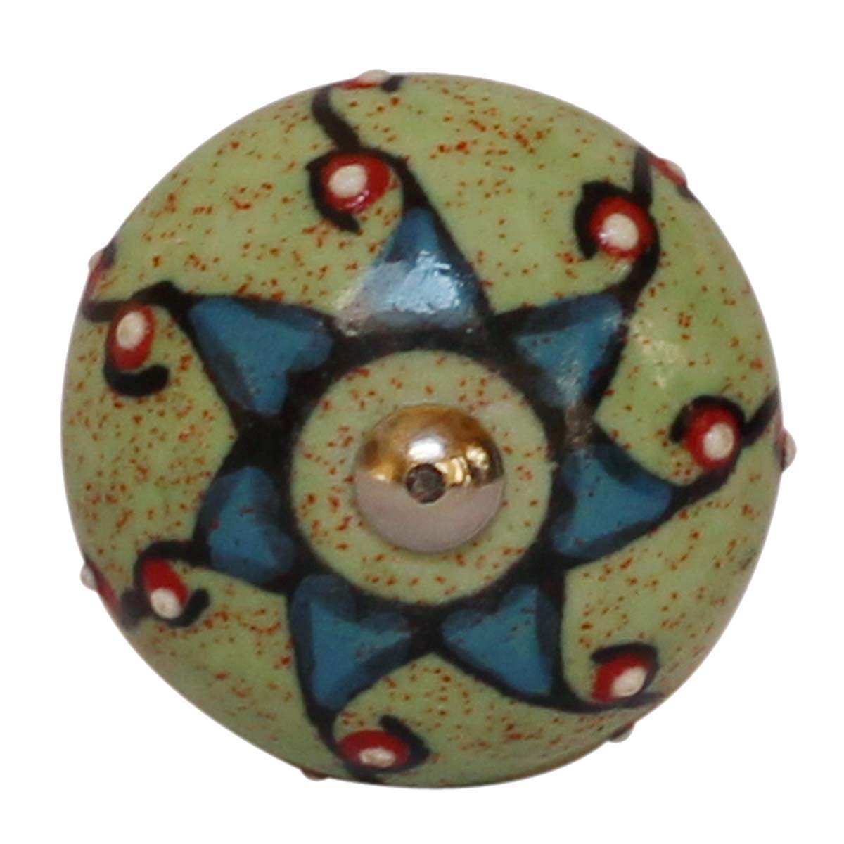 Bulk Wholesale Round Ceramic Cupboard Knobs Set of 6 – Green Blue Red & Black Floral Motif – White Dots – Cabinets & Cupboard Hardware / Dresser Accessories