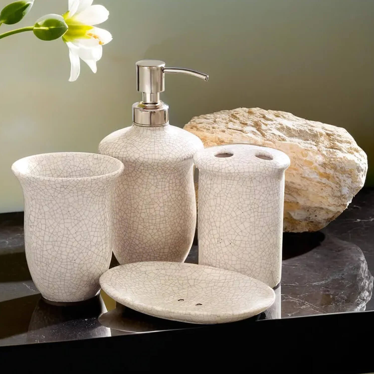 Bulk Wholesale Handmade Ceramic Bath Accessories Set (4 Items) - Hand-Painted Crackle-Glazed Bath Ensemble/Vanity Set