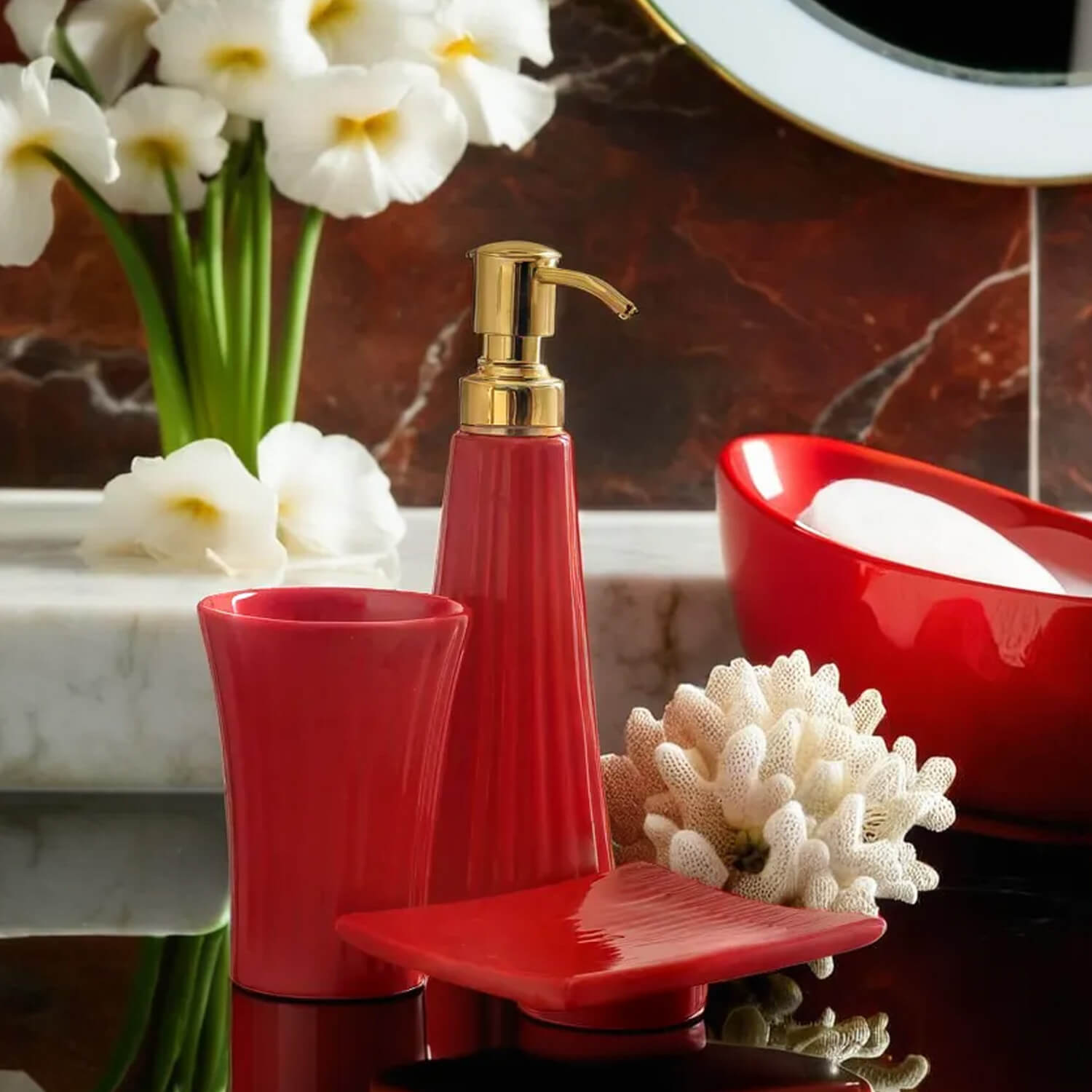 Bulk Wholesale Handmade Ceramic Bath Accessories Set (3 Items) - Hand-Painted Red Bath Ensemble/Vanity Set