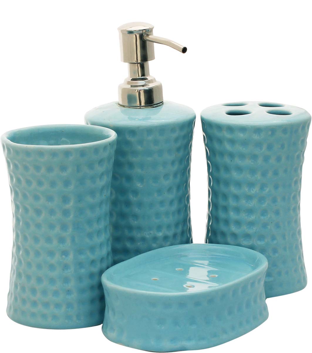 Bulk Wholesale Handmade Ceramic Bath Accessories Set (4 Items) - Hand-Painted Hammered-Textured Bath Ensemble/Vanity Set