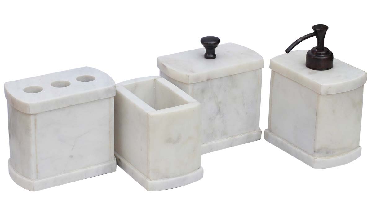Bulk Wholesale Stone Bath Accessories Set (4 Items) - Hand-Painted White Marble Finish Bath Ensemble/Handmade Vanity Set