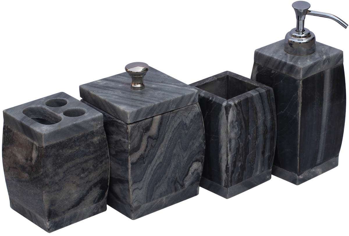 Bulk Wholesale Handmade Stone Bath Accessories Set (4 Items) - Hand-Painted Grey-Black Marble Finish Bath Ensemble/Vanity Set