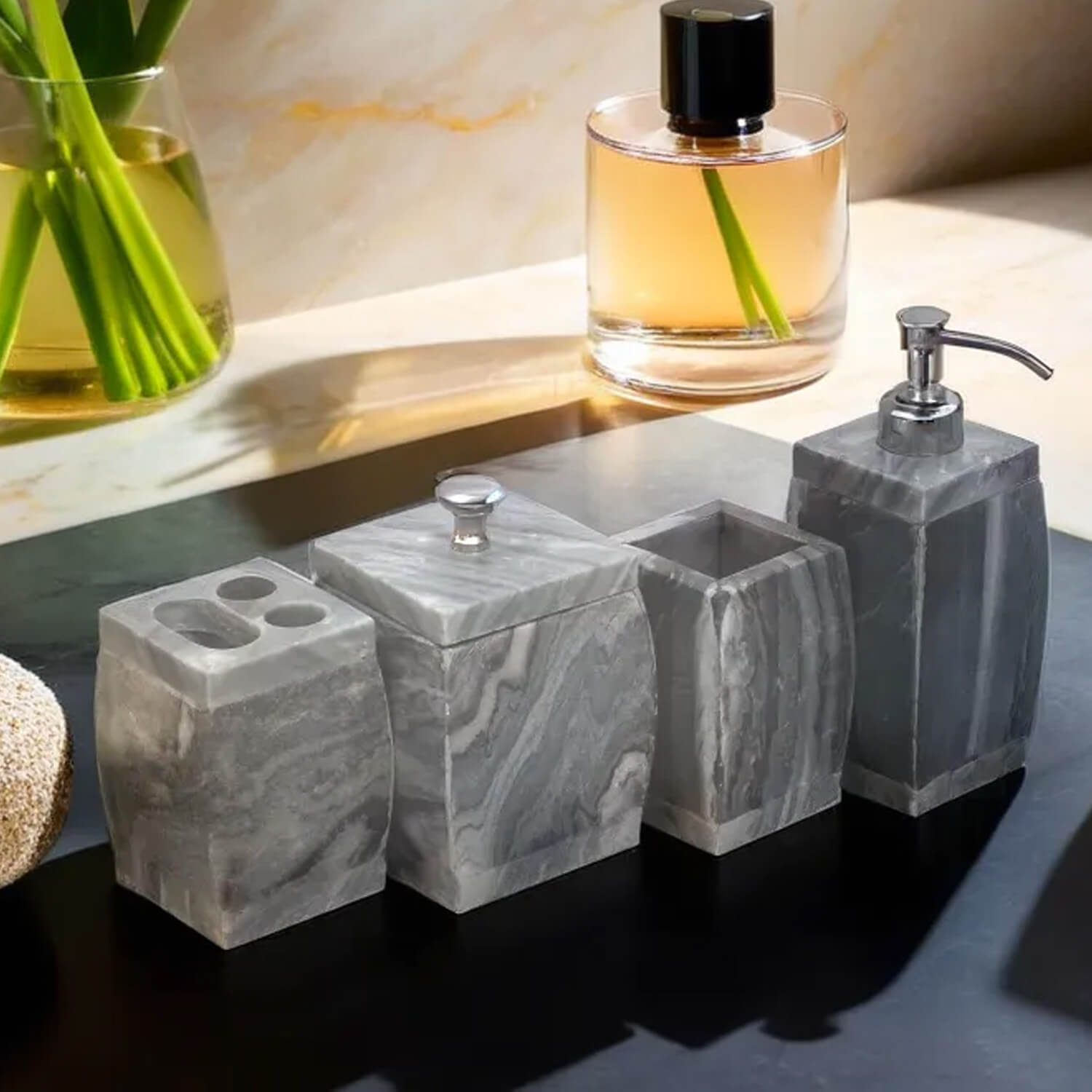 Bulk Wholesale Handmade Stone Bath Accessories Set (4 Items) - Hand-Painted Grey-Black Marble Finish Bath Ensemble/Vanity Set