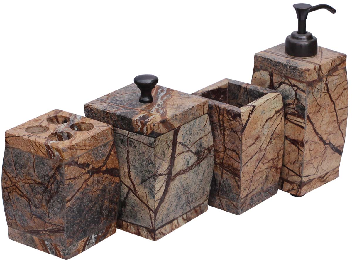 Bulk Wholesale Stone Bath Accessories Set (4 Items) - Hand-Painted Streaked Brown Marble Finish Bath Ensemble/Handmade Vanity Set