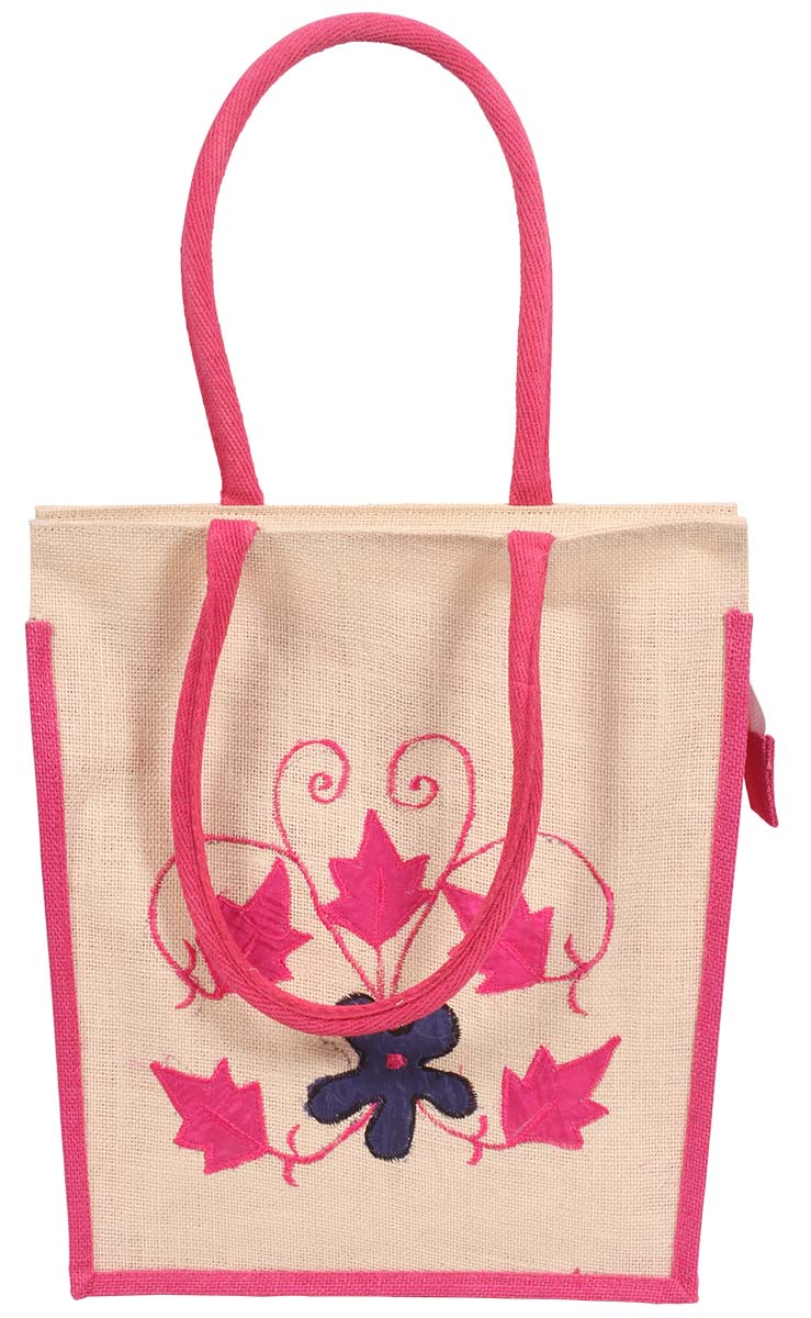 Fuchsia Pink & Beige Shoppers Handbag – Handmade in Jute – Embroidered Floral & Leafy Motifs – Trendy Handbags & Purses – Fashion Accessories   Buy in Bulk Wholesale
