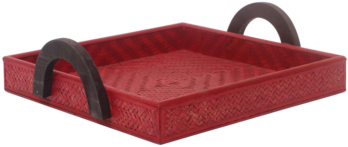 Buy in Bulk Wholesale Catchall Tray in Eco-Friendly Bamboo - 11" Red Twin Brown Handles - Organizers for Bedside Tables/Working Desks - Home/Office Decor