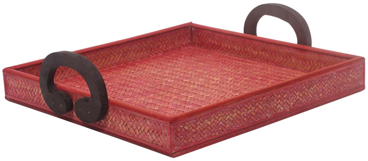 Buy in Bulk Wholesale Catchall Tray 13" Red in Eco-Friendly Bamboo - Twin Brown Handles - Organizers for Bedside Tables/Working Desks - Home/Office Decor