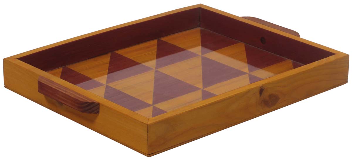 Buy in Bulk Wholesale Serving Tray in Bamboo Wood - 12" Handmade Rectangular Beige & Maroon - Symmetric Triangle Pattern - Kitchen Accessories - Home Decor