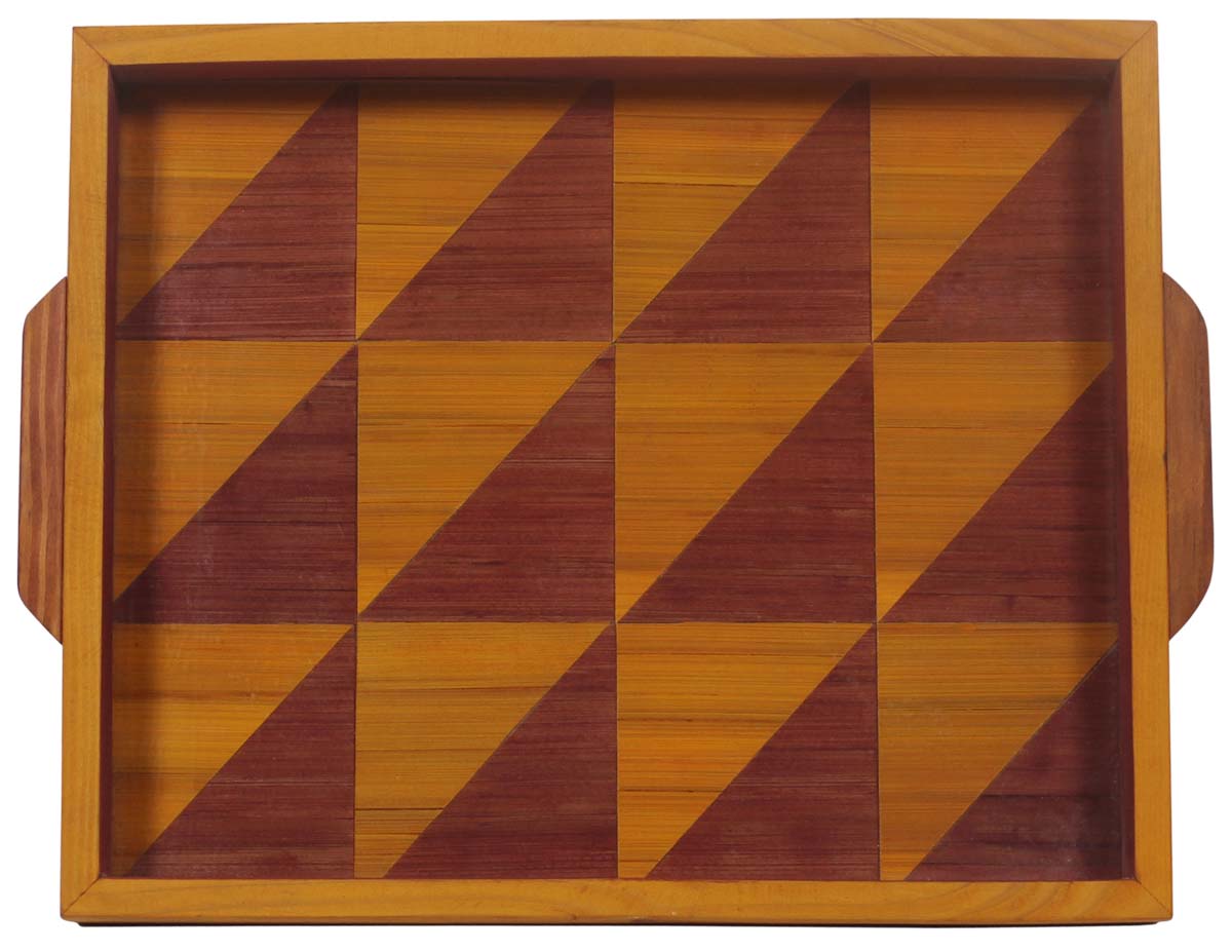 Buy in Bulk Wholesale Serving Tray in Bamboo Wood - 12" Handmade Rectangular Beige & Maroon - Symmetric Triangle Pattern - Kitchen Accessories - Home Decor
