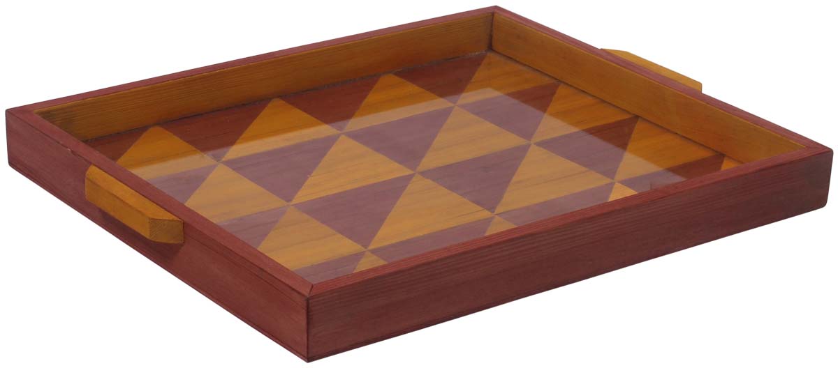 Buy in Bulk Wholesale Serving Tray in Bamboo Wood - 14" Handmade Rectangular Beige & Maroon - Symmetric Triangle Pattern - Kitchen Accessories - Home Decor