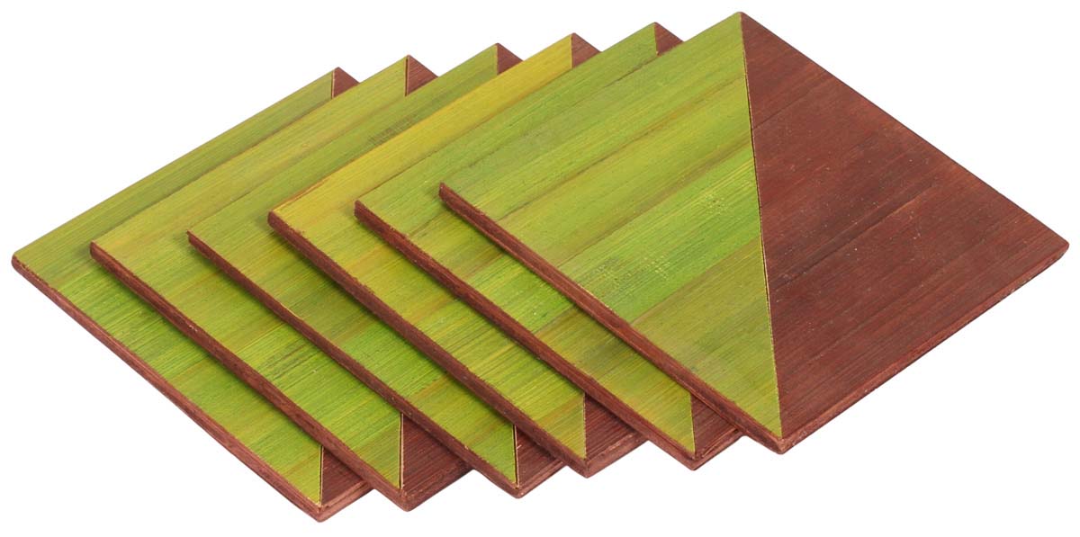 Buy in Bulk Wholesale Set of 6 Drink Coasters - Square Shaped Green & Brown - Handmade in Bamboo Wood - Table-Top Accessories - Ethnic-Look Home/Office Decor