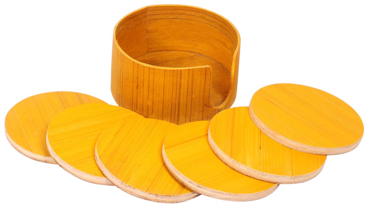 Buy in Bulk Wholesale Set of 6 Drink Coasters with Holder - Round-Shaped Yellow Color - Handmade in Bamboo Wood - Table-Top Accessories - Ethnic-Look Home/Office Decor