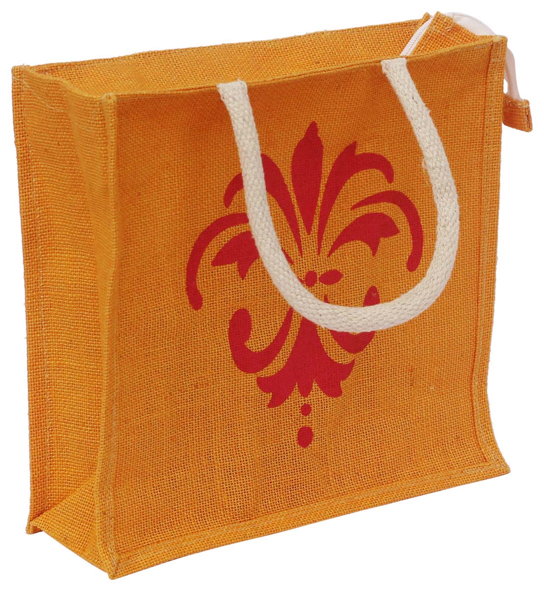 Orange Shoppers Handbag - Handmade in Jute - Printed Red Traditional Motif - Twin Handles - Unique Handbags & Purses - Fashion Accessories - Buy in Bulk Wholesale