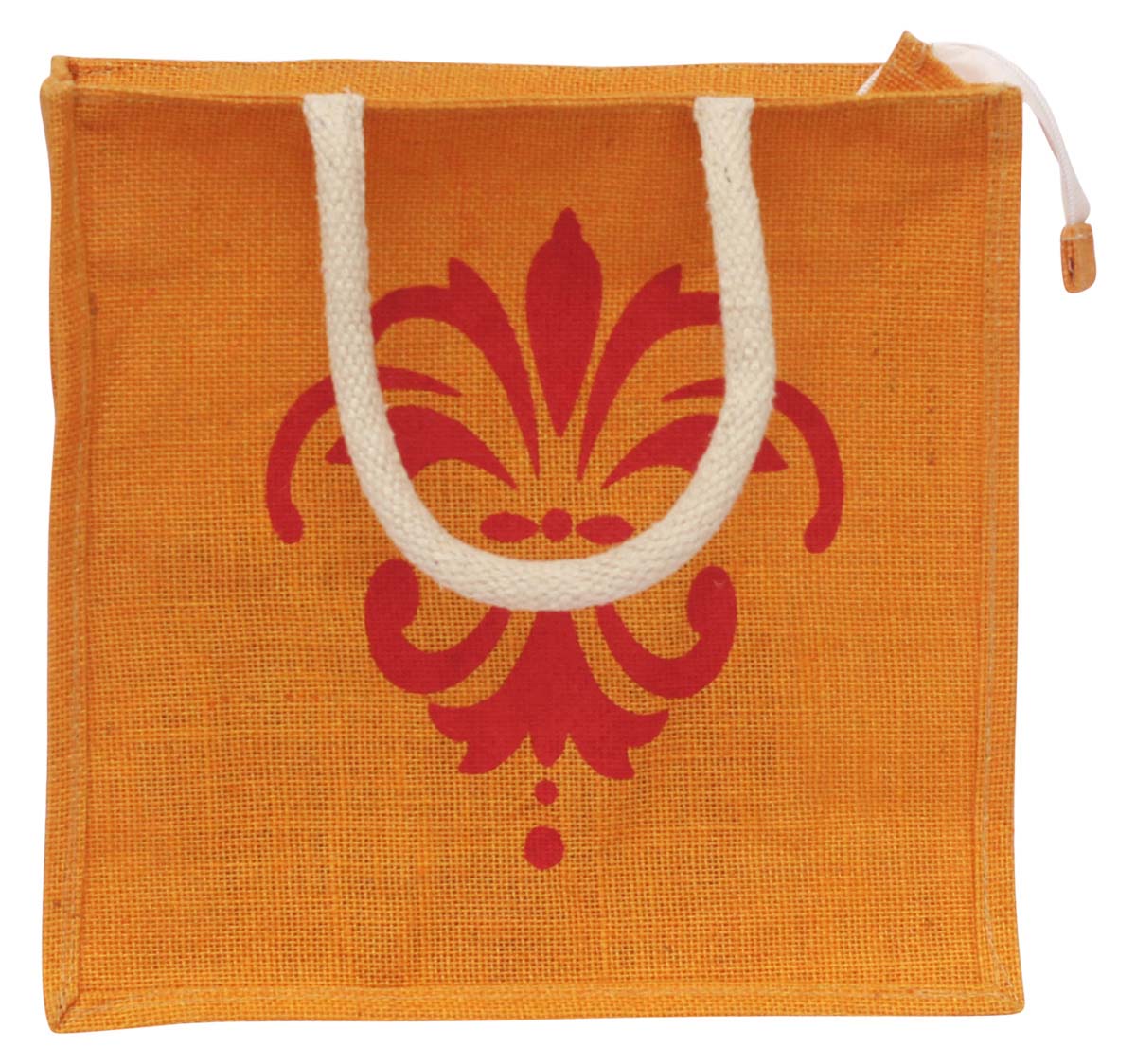 Orange Shoppers Handbag - Handmade in Jute - Printed Red Traditional Motif - Twin Handles - Unique Handbags & Purses - Fashion Accessories - Buy in Bulk Wholesale