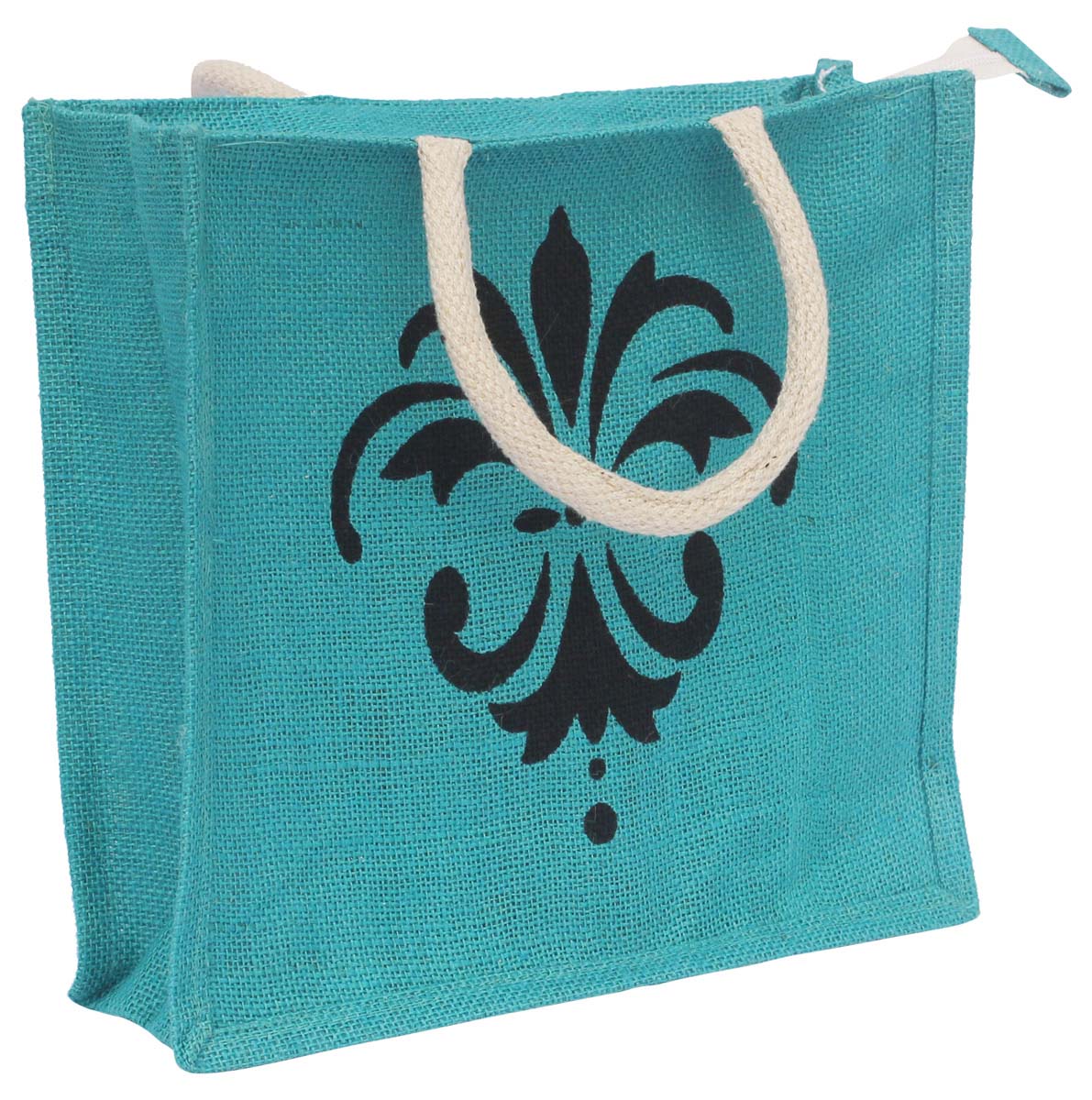 Turquoise Shoppers Handbag - Handmade in Jute - Black Printed Traditional Motif - Twin Handles - Unique Handbags & Purses - Fashion Accessories - Buy in Bulk Wholesale