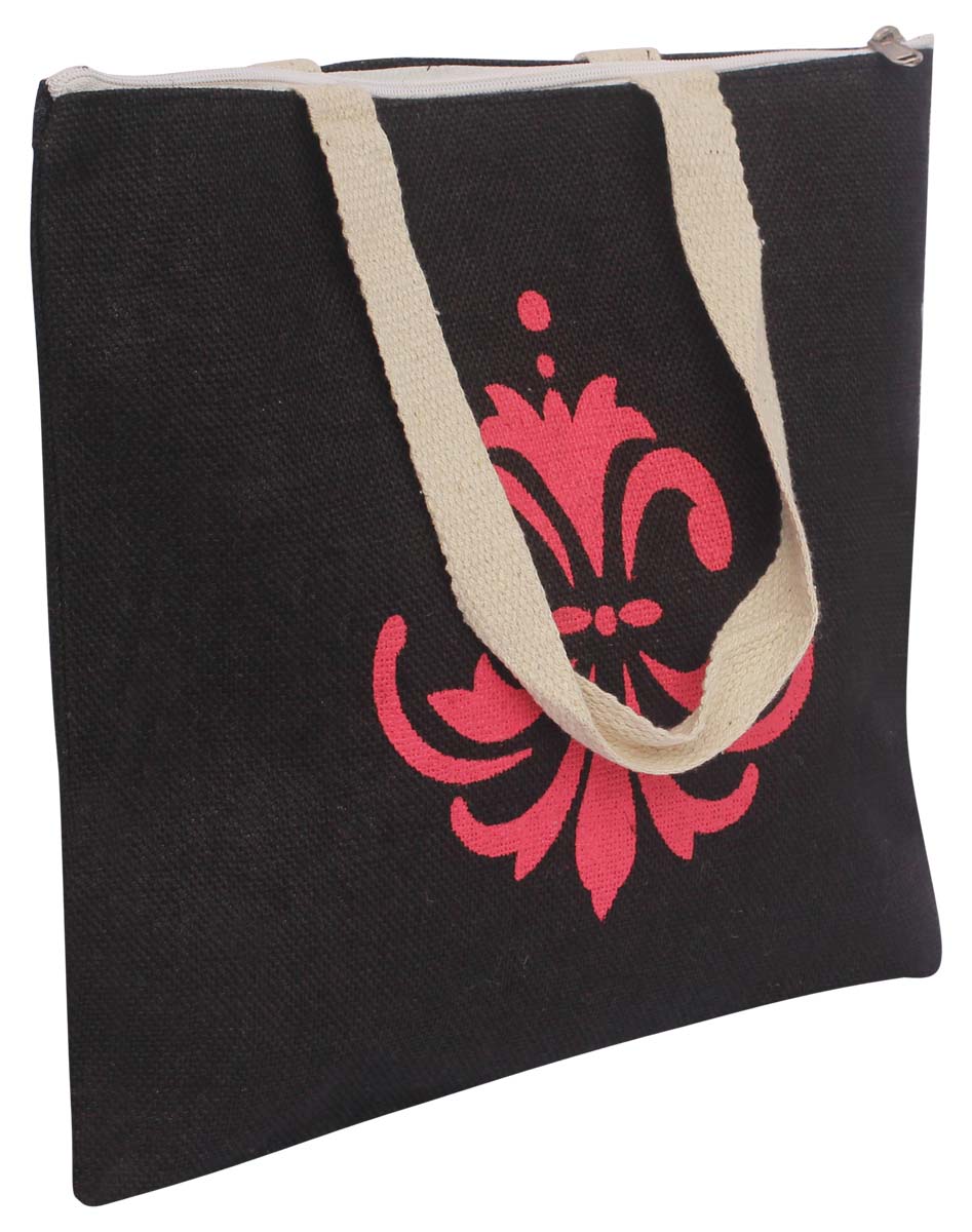 Black Jute Handbag - Pink Printed Traditional Motif - Twin Handles - Eco-Friendly Jute Handicrafts - Unique Purses - Fashion Accessories - Buy in Bulk Wholesale