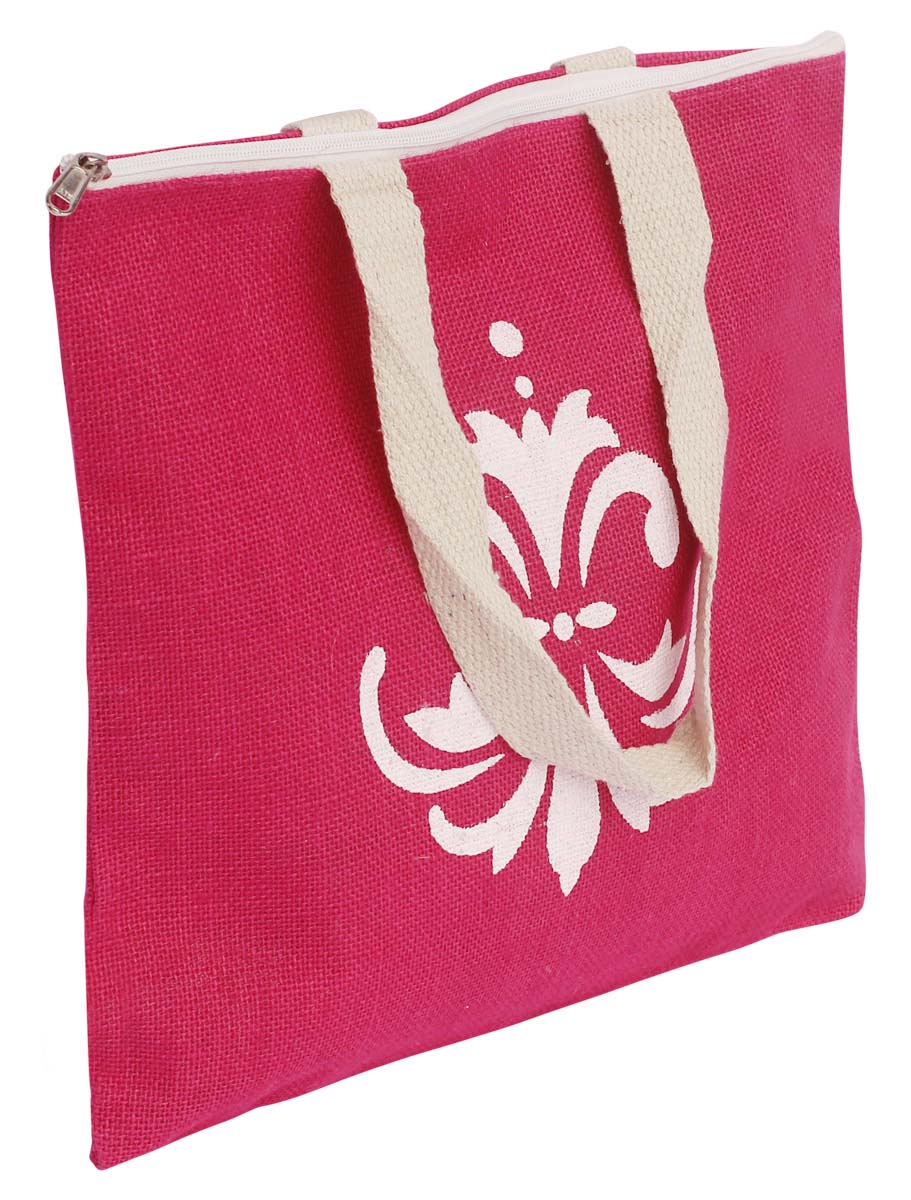 Pink Jute Handbag - White Printed Traditional Motif - Twin Handles - Eco-Friendly Jute Handicrafts - Unique Purses - Fashion Accessories - Buy in Bulk Wholesale