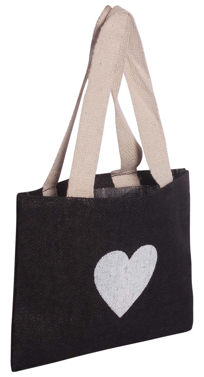 Black Jute Handbag - White Printed Heart Motif - Twin Handles - Eco-Friendly Jute Handicrafts - Unique Purses - Fashion Accessories - Buy in Bulk Wholesale