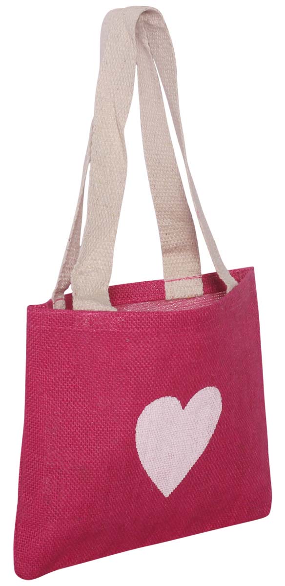 Fuchsia Pink Jute Handbag - White Printed Heart Motif - Twin Handles - Eco-Friendly Jute Handicrafts - Unique Purses - Fashion Accessories - Buy in Bulk Wholesale