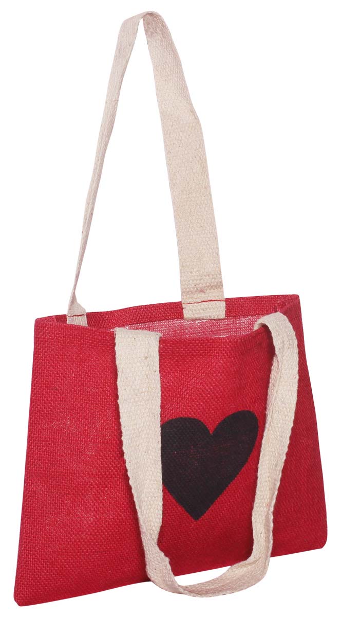 Red Handbag / Purse - Handmade in Eco-Friendly Jute - Black Printed Heart Motif - Twin Handles - Fashion Accessories - Buy in Bulk Wholesale