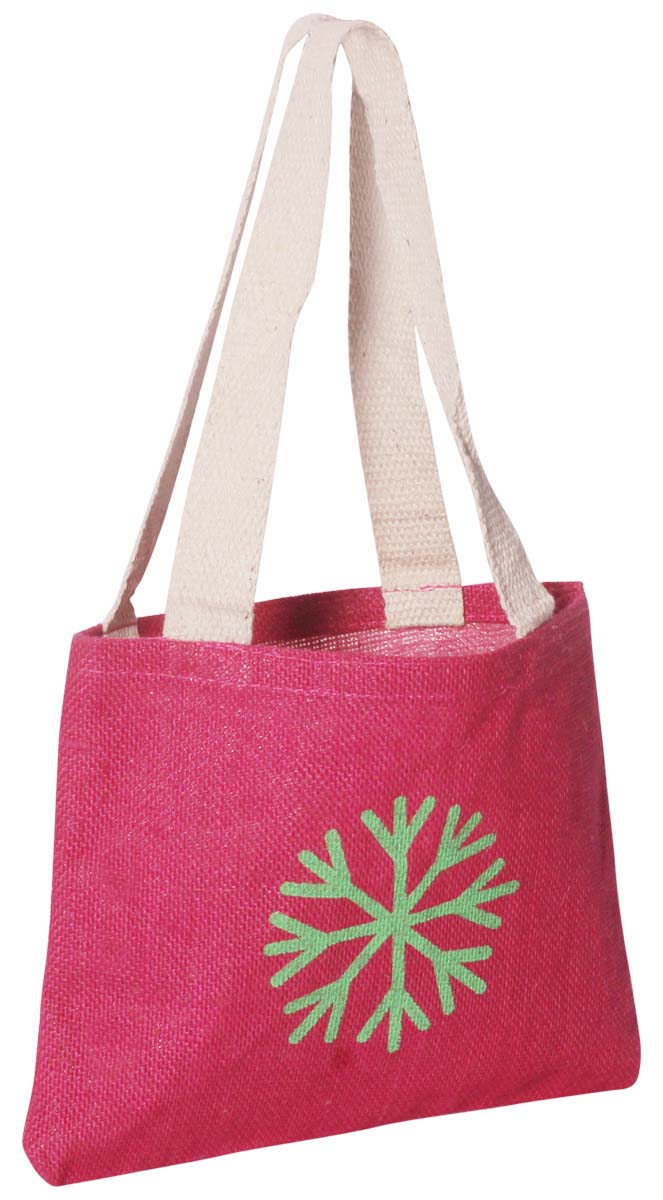 Fuchsia Pink Handbag / Purse - Handmade in Eco-Friendly Jute - Green Printed Motif - Twin Handles - Fashion Accessories - Buy in Bulk Wholesale
