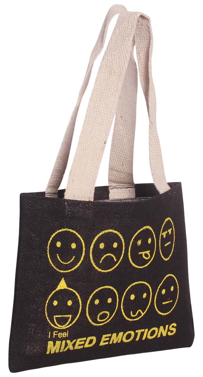 Black Handbag - Handcrafted in Eco-Friendly Jute Material - Printed Smiley Faces - Twin Handles - Cute Handbags & Purses - Fashion Accessories - Buy in Bulk Wholesale
