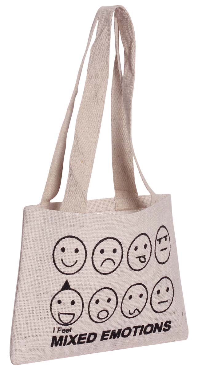 White Handbag - Handcrafted in Eco-Friendly Jute Material - Printed Smiley Faces - Twin Handles - Cute Handbags & Purses - Fashion Accessories - Buy in Bulk Wholesale