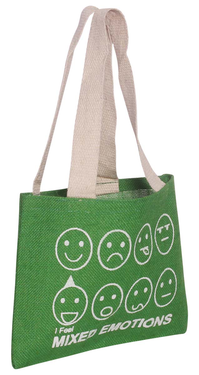 Green Jute Handbag - Printed Assorted Smiley Faces - Eco-Friendly - Cute Handbags & Purses - Fashion Accessories - Buy in Bulk Wholesale